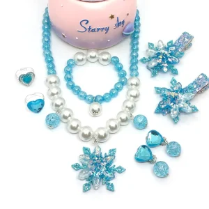 Blue Snowflake Girls’ Queen Jewelry Set Necklace Bracelet Ring Earrings Hair Clips Princess Costume Dress Accessories