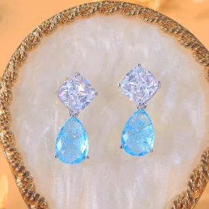 Blue Tear Drop Ice Out Cubic Zirconia Fashion Dangle Earrings for Women Wedding Evening Party CZ Earrings Gifts