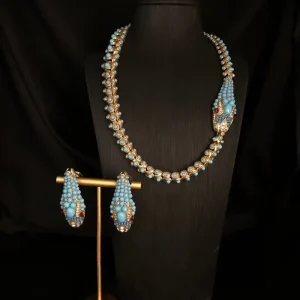 Blue Turquoise Full Paved Snake Design Necklace Earring Sets 18k Gold Plated Copper Jewelry Sets