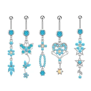 Blue Turquoise Navel Ring with Love Butterfly Flower Design Fashion Accessory