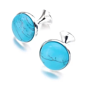 Blue Turquoise Stone Premium Cufflinks Custom Mens Suit Shirt Fashion Accessory Wedding Tuxedo Jewelry Gift Set