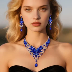 Blue Wedding Necklace Set Costume Jewelry for Women 10 Colors Rhinestone Crystal Statement Necklace Earrings Set