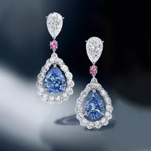 Blue Zircon Crystal Bridal Drop Earrings, Silver Color, Pear Zircon