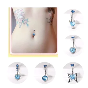 Blue Zircon Heart Navel Rings Bow Devil Horn Design Copper Belly Button Rings Women Fashion Body Piercing Jewelry
