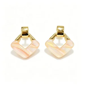 Blush Peach Resin Rhombus Stud Earrings Alloy Gold color Plated Tilted Square Geometric Jewelry Unisex