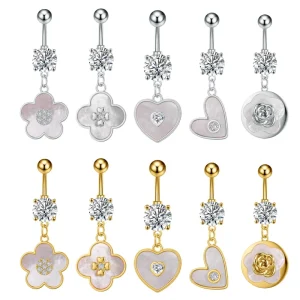 Body Jewelry Piercing New Style Exquisite Gold Plated Stainless Steel Heart Flower Zircon Belly Button Rings for Women’s Gift