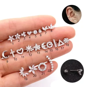 Body Piercing Stainless Steel With Zircon Flower Heart Star Moon Cross Geometry Earrings Piercing Jewelry