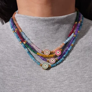 Bohemia Colored Natural Crystal Beads Eye Charms Handmade Beaded Necklace for Women