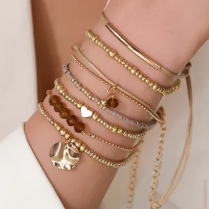Bohemia Women Jewelry Metal Heart Charm Elastic Stretch Bracelet Layered String Crystal Seed Beaded Bracelets 7PS Set