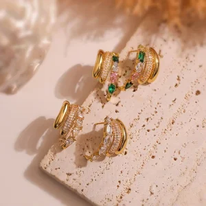 Bohemian 18K Gold Plated Multi Layer C Hoop Earrings with Green Pink White Cubic Zirconia Statement Earrings for Women