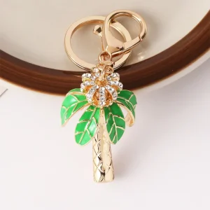 Bohemian Alloy Micro Pave Cubic Zirconia Crown Coconut Tree Car Keychain for Women Cute Enamel Tree Bag Hanger Keychain