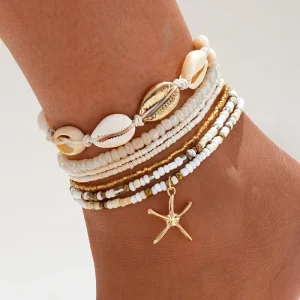 Bohemian Beach Style Rice Beads Shell Starfish Pendant Multi layer Anklet Seven piece Set