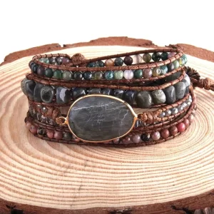 Bohemian Beaded Jewelry Handmade Mixed Natural Stone Crystal Lake Blue Purple Sediment Jasper 5 Strand Wrap Bracelets
