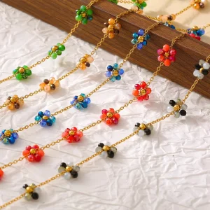 Bohemian Beaded Necklace Bracelet Anklet Handmade Flower Colorful Bead Stainless Steel Chain Jewelry Set