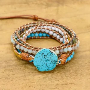 Bohemian Blue Turquoise Gemstone Bracelet Hand Wovem Multi Layer Natural Gemstone Wrapped Beaded Bracelet