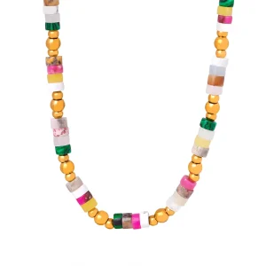 Bohemian Colorful Bead Stainless Steel 18K Gold Plated Beaded Chain Pendant Necklace for Women