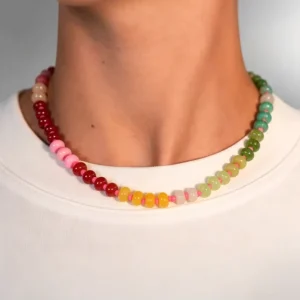 Bohemian Colorful Natural Stone Beaded Necklace Dainty Ombre Color Block Gemstone Choker with Pink Seed Bead Spacers for Women