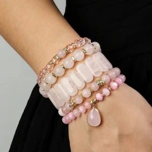 Bohemian Ethnic Women Jewelry 5pcs Blue Pink Natural Stone Crystal Glass Elastic Stack Bracelet Set Festival Gift