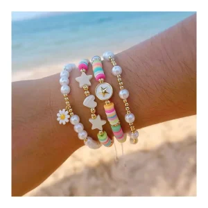 Bohemian Fashion Jewelry Beach Girl Gold Plated Beaded Bracelet Set Shell Star Heart Daisy Charm Imitation Pearl Bracelet