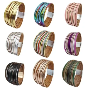 Bohemian Fashion Magnetic Clasp Bangle Exaggerated Multi Layered Thin Straps Multicolor Leather Bracelet