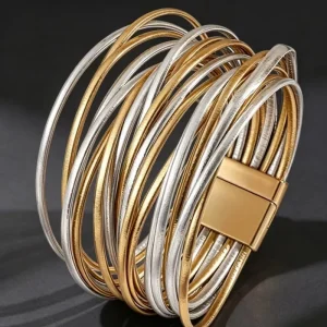 Bohemian Fashion Magnetic Clasp Bangle Luxury Exaggerated Multi Layered Thin Straps Multicolor Leather Bracelet