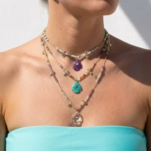 Bohemian French Style Colorful Natural Stone Necklace Amethyst Amazonite Moonstone Fish Pendant Handmade Beaded Jewelry