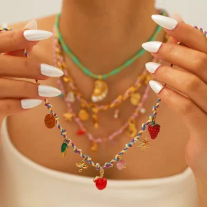 Bohemian Fruit Shape Ocean Vacation Style Multi-element Pendant Stainless Steel 18K Plated Rope Women’s Charm Necklace