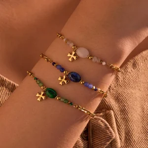 Bohemian Geometric Fashion Cross Pendant Stainless Steel Chain Women’s Natural Stone Oval Lapis Jade Beaded Charm Bracelet