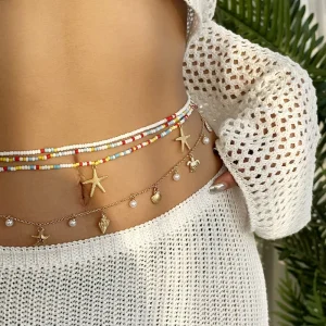 Bohemian Gold Imitation Pearl Shell Starfish Pendant Bikini Waist Chain for Women Summer Beach Body Jewelry