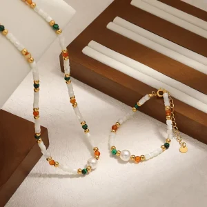 Bohemian Handmade Beaded Chain Jewelry Set Stainless Steel 18k Gold Plated Colorful Bead Pearl Shell Necklace Bracelet