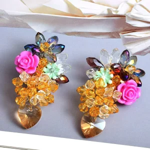 Bohemian Handmade Colorful Crystal Flower Earrings Beaded Pink Flower Drop Earring Jewelry Accessories for Women