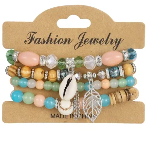 Bohemian Layered Colorful Rice Beads Handmade Beaded Leaf Shell Party Imitation Pearl Crystal Geometric Bracelet Women