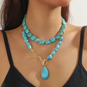 Bohemian Layered Turquoise Pendant Necklace for Women Double Chain Teardrop Geometric Jewelry