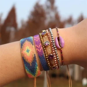 Bohemian Miyuki Bracelet Set Purple Cowrie Shell Seed Bead for Summer Beach
