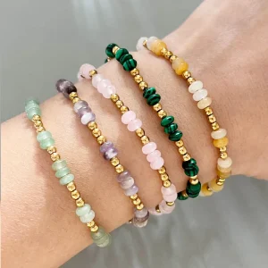 Bohemian Natural Stone & Amber Beaded Bracelet Women Handmade Stainless Steel Chain Healing Crystal Jewelry Fashion Bangle