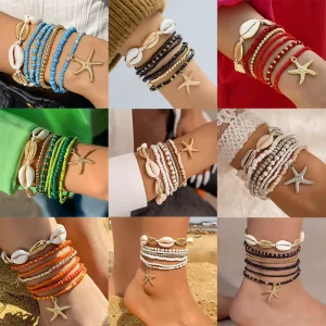 Bohemian Shell Anklet Set Multi layer Starfish Charm Beaded Ankle Bracelet Adjustable Beach Foot Jewelry for Women