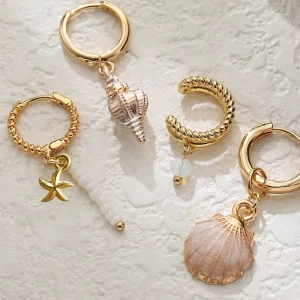 Bohemian Shell and Conch Four-Piece Stud Earrings Set for Women, 18K Gold Plated