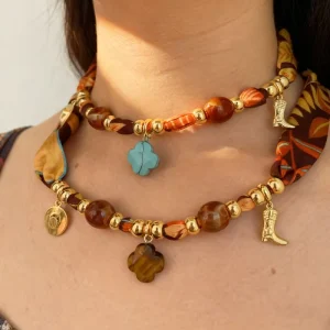 Bohemian Silk Scarf Beaded Necklace with Gold Metal Charms Vintage Western Style Jewelry for Women Summer Beach Accessories