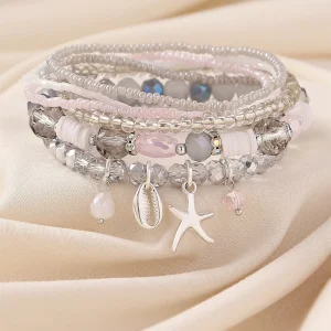 Bohemian Starfish and Seashell Charm Beaded Multilayer Glass Bracelet Set for Women Summer Beach Holiday Fashion Jewelry
