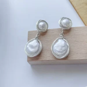 Bohemian Style 14mm Drop Baroque Freshwater Pearl Earrings Hand Woven Sterling Silver Gold Plated Vintage Women’s Jewelry