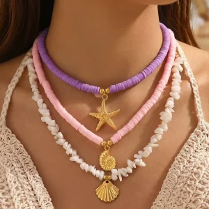 Bohemian Style Beach Starfish Shell Conch Beaded Necklace Layered Stacked for Women Jewelry Seaside Vacation Vibe Choker