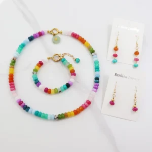 Bohemian Style Beads Colorful Natural Stone Beaded Chain Necklace with Pendant, Bracelet, Earring Jewelry Set