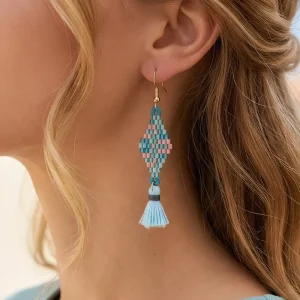 Bohemian Style Dainty Tassel Pendant Drop Earrings Hand Woven Colorful Diamond Shaped Glass Beaded Earrings for Women