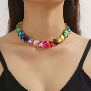 Bohemian Style Fashion Jewelry Colorful Rhinestone Stone Crystal Heart Water Drop Necklace