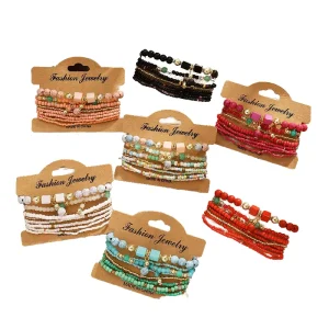 Bohemian Style Gold Plated Alloy and Jade Beaded Bracelet Set for Women with Pearls and Bangles