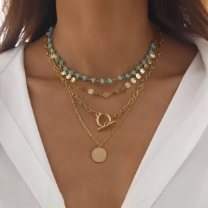 Bohemian Style Pendant Necklace Set of 4 Denim Inspired Design Women’s Layered Turquoise Bead Necklace
