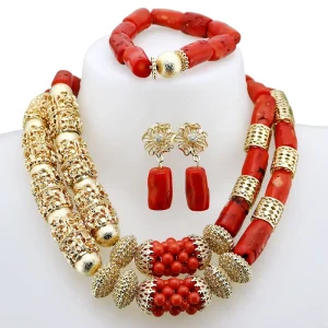 Bohemian Style Red Coral Bead Jewelry Set with Exquisite Gold Pendant Suitable for Women’s Evening Parties YL237