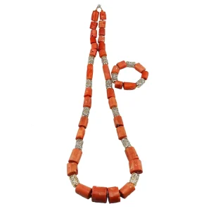 Bohemian Style Red Coral Necklace and Bracelet Set Beach Vacation Jewelry Set Anniversary Gift for Her YL143
