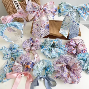 Bohemian Style Tie Dyed Printed Headband Bow Hair Clip Pearls Ribbon Scrunchie Flower Plant Printed Hair Claw Hair Accessories