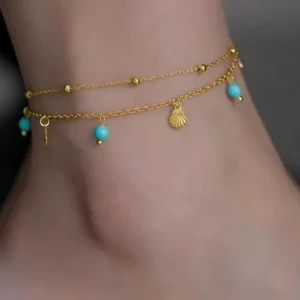 Bohemian Summer Beach Exquisite Stainless Steel PVD Gold Plate Layer Bead Chain Shell Pendant Turquoise Anklet Stone Foot Chains